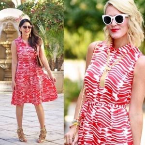 CABI NEW BRUSHSTROKE ORANGE AND WHITE DROP WAIST PLEATED MIDI LENGTH DRESS XS